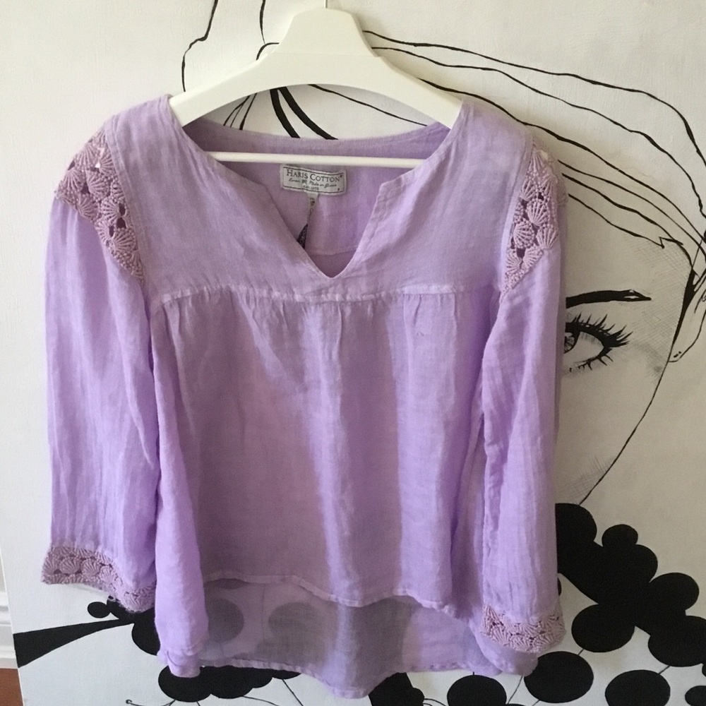 Haris Cotton Lavender Blouse with Lace Accents